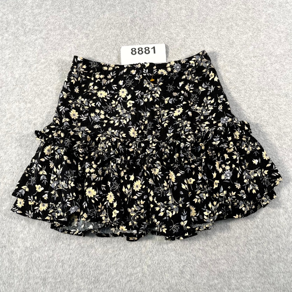 Skylar Madison Mini Skirt Womens Medium Black Floral Rayon Tiered Ruffle Boho